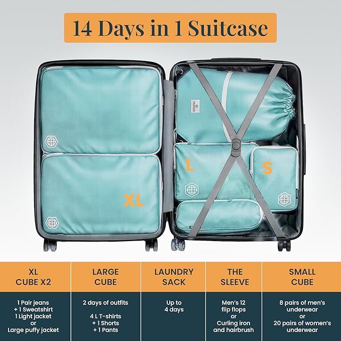 Extra Large Compression Packing Cube 6 Piece Set for Travel and Check Luggage by TRIPPED Travel Gear