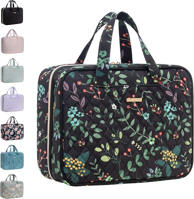 Everfun Hanging Toiletry Bag for Travel, Mothers Day Gift for Mom, 12x9x4.5 inch Large Capacity Cosmetic Organizer with Leakproof Wet/Dry Compartment, Waterproof Dopp Kit for Women Black Leaves