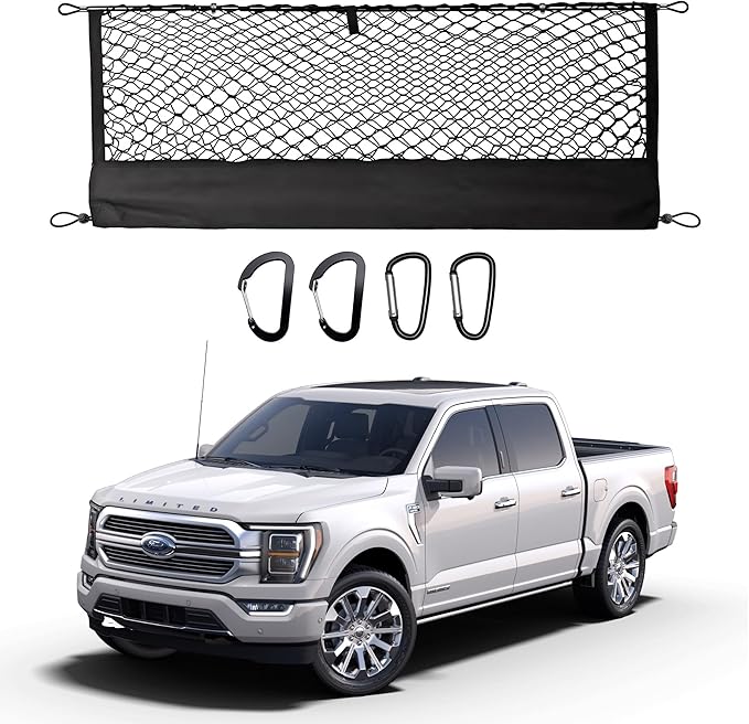 Truck Bed Cargo Net for Ford F150 2015-2024 2025, Envelope Style Pickup Cargo Net with Storage Bag, Heavy Duty Elastic Mesh Organizer with Carabiners, Secures Groceries & Gear