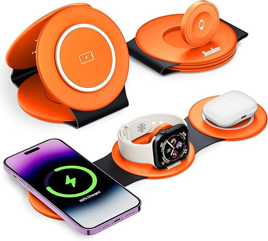 Hicober 3 in 1 Wireless Charging Station for Apple Watch and iPhone Air 17 16 15 14 13 12 Pro Max/Plus, Magnetic Foldable Wireless Travel Charger Station Stand for Airpods iWatch All Series Orange