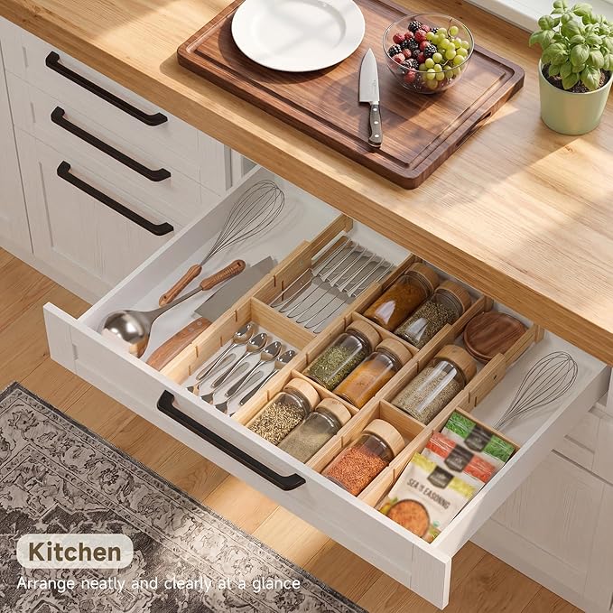Bamboo Drawer Dividers, Expandable Kitchen Drawer Organizer, Include 4 Dividers, 4 Small Inserts and 4 Medium Inserts for Home, Office, Dressers