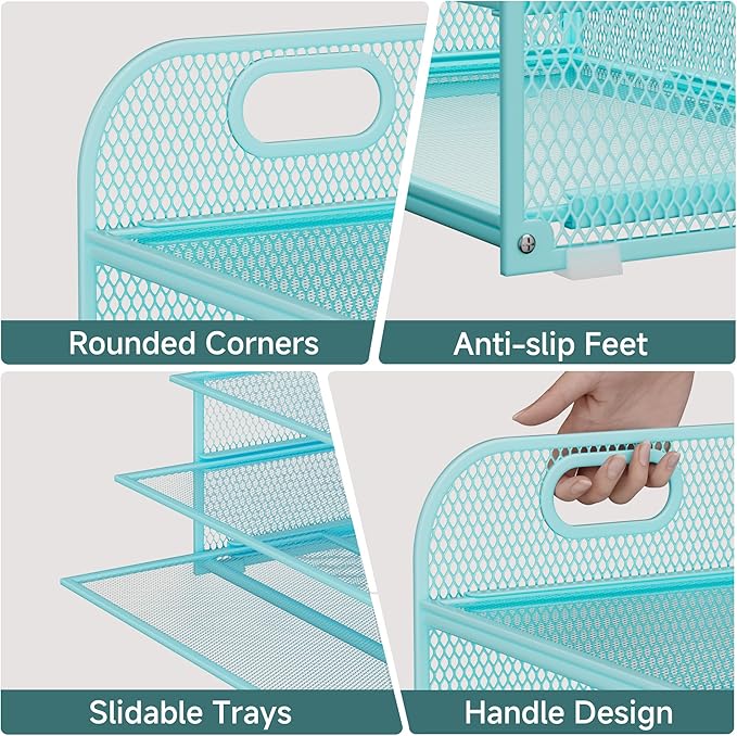 Paper Organizer Letter Tray with Handle Mesh 5-Tier Stackable Desk Organizer for Files/Paper/Office Supplies, Sturdy Carbon Steel Desk Organizer for Home Office & Classroom