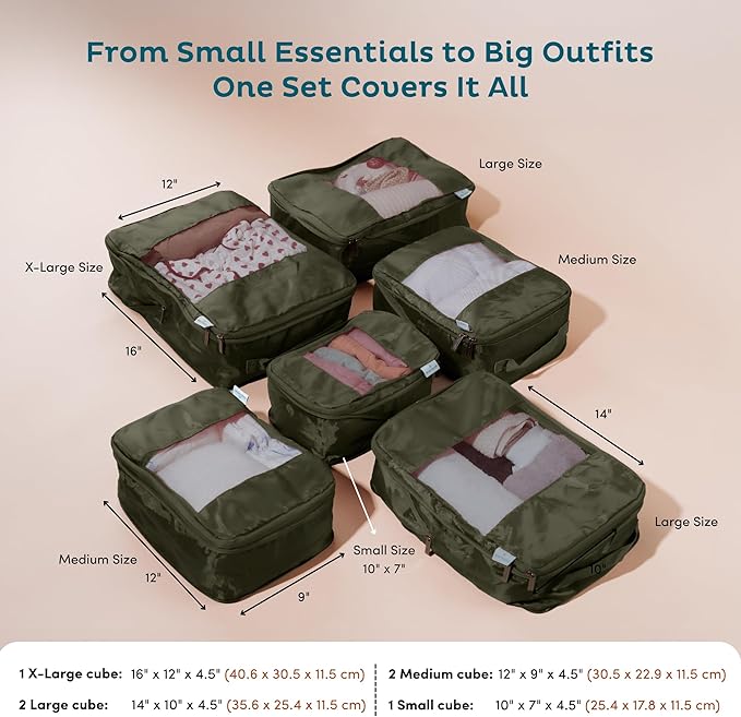 6-Pack Large Compression Packing Cubes for Travel - Lightweight Compression Packing Cube Set, Water-Resistant Luggage Organizer Bags & Suitcase Organizers, Travel Cubes for Carry-On, Checked Luggage