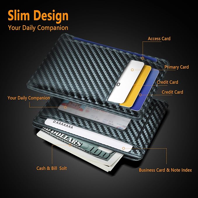Travelambo Front Pocket Minimalist Leather Slim Wallet RFID Blocking Carbon Fiber Texture