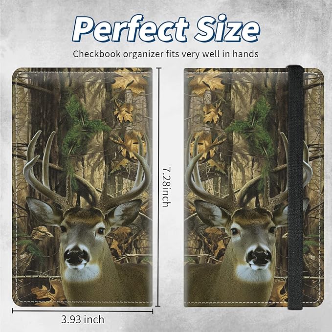 Checkbook Covers for Personal Checkbook Duplicate Checks RFID Blocking Checkbook Cover for Women Men with Elastic Strap Card Slots Pen Holder - Forest Cute Deer