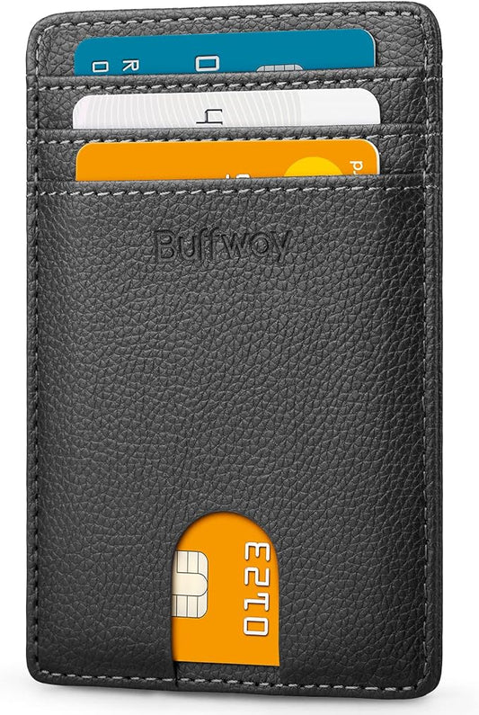 Buffway Mens Slim Wallet, Minimalist Thin Front Pocket Leather Credit Card Holder with RFID Blocking for Work Travel | Minimalist