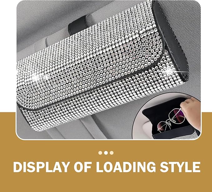 Bling Sunglasses Holder for Car Sun Visor, Rhinestone Auto Eyeglasses Mount Clip Organizer, Leather Sunvisor Sunglasses Storage Case, Universal Glasses Holder Clips for SUV, Sedan, Van (White)
