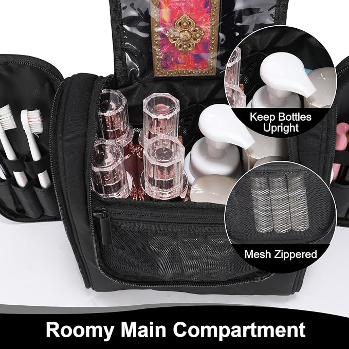 Hanging Toiletry Bag with Hook, Travel Cosmetic Makeup Bag Organizer for Accessories, Shampoo, Shaving Bag for Toiletries Accessories,Travel Essentials Kit (Black)