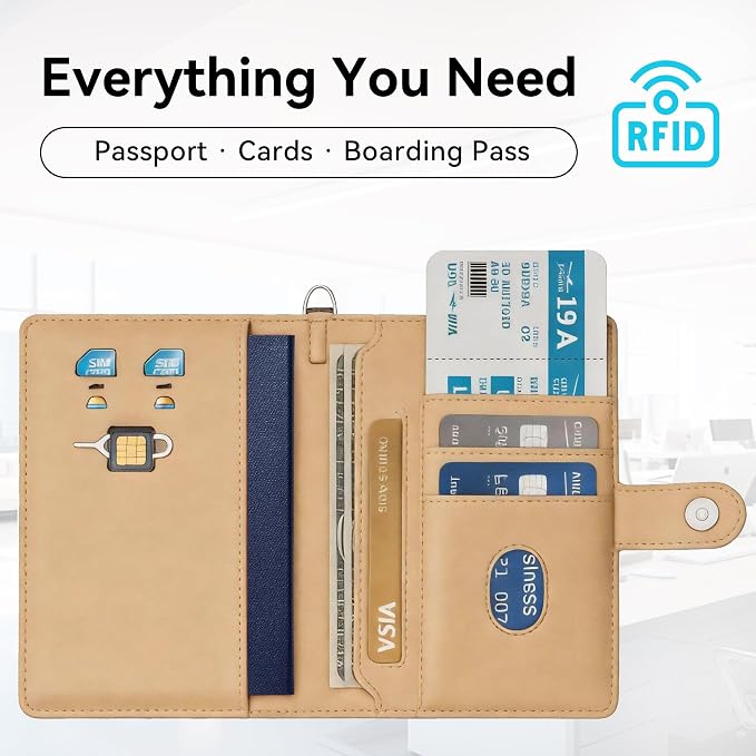 Passport Holder for Travel, Apple MFi Certified Smart Passport Cover Works with Find My, Rechargeable Travel Wallet with Lanyard, RFID Blocking Card Case, PU Leather, Brown