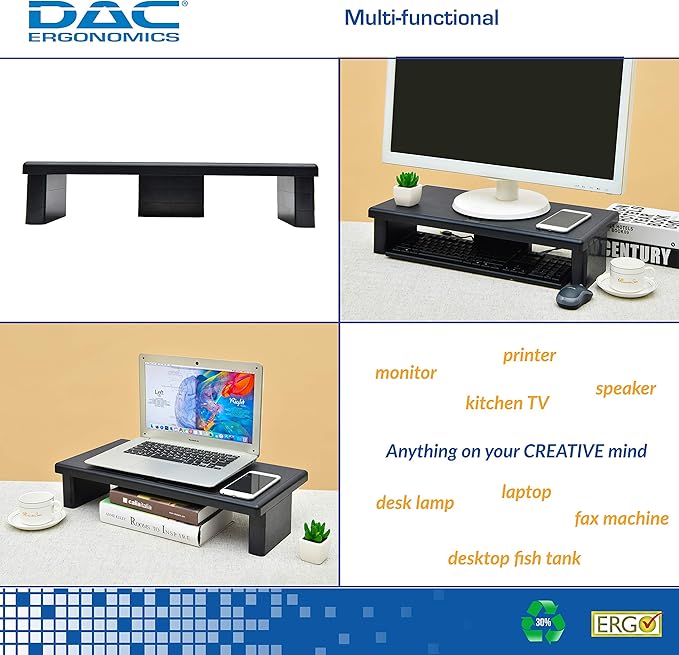 DAC STAX Ultrawide Adjustable, Stackable Desktop Computer Monitor Stand Laptop Riser, Supports up to 66 Pounds, with Keyboard Storage, Black (MP-211)