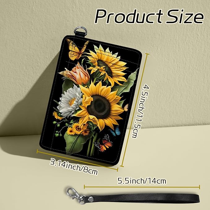 Small Travel Wallets, Sunflowers Butterfly Slim Minimalist Front Pocket Wallet with Wristlet, RFID Blocking PU Leather Credit Card Holder with ID Window Change Purse for Men Women