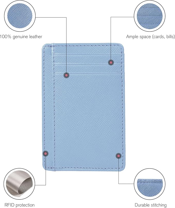 Real Leather Slim Minimalist Wallet for Men and Women -RFID Blocking Front Pocket Thin Credit Card Holder Stylish Wallets (Sky Blue)