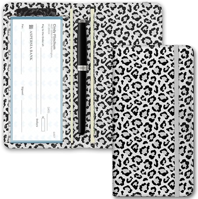 Checkbook Cover for Men Women, Premium Leather Checkbook Holder with RFID Blocking and Built in Clear Plastic Divider for Personal and Business Checks (Leopard-White)