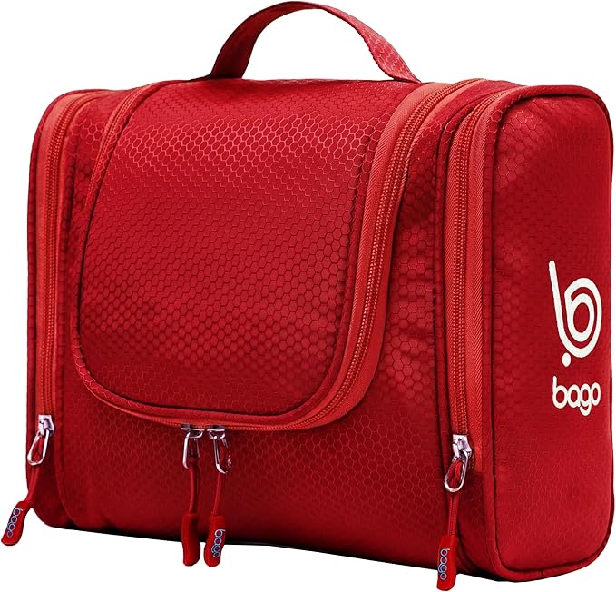 Bago Travel Toiletry Bag for Women and Men - Large Waterproof Hanging Large Toiletry Bag for Bathroom and Travel Bag for Toiletries Organizer - Makeup Bag (Red)