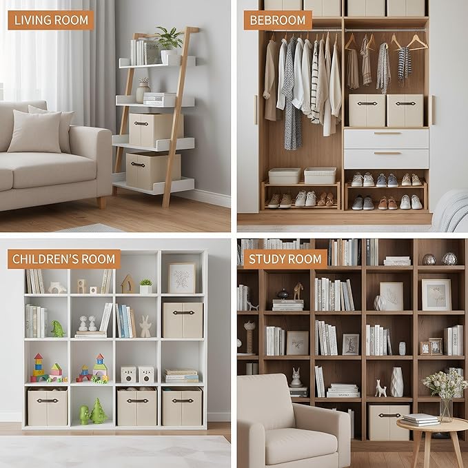6 Pack Large Collapsible Storage Baskets for Shelves,14.9"x9.5" Fabric Closet storage Boxes with Leather Handles,Decorative Organizers Storage Bins for Clothes,Sheets,Toys,Books,Creamy-White