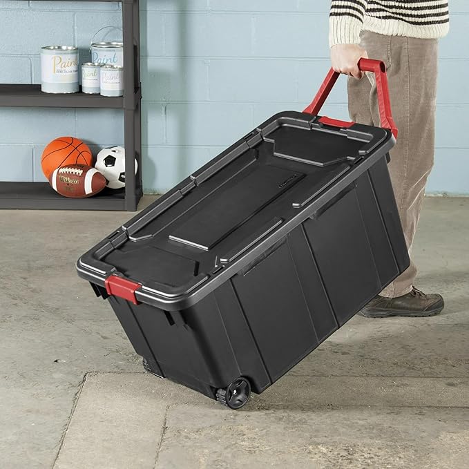 40 Gallon Plastic Storage Box, Wheeled Industrial Tote, Pack of 2