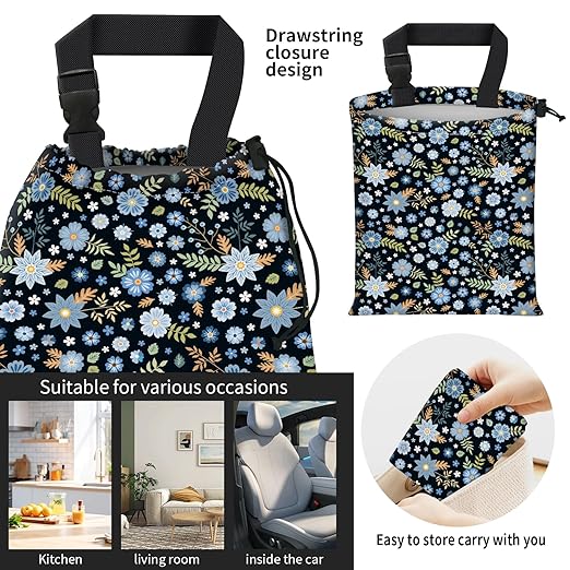 Car Trash Bag Large Hanging Can for Back of Seat, Cute Waterproof Car Garbage Bag for Vehicle, Travelling, Outdoor Cute Blue Floral