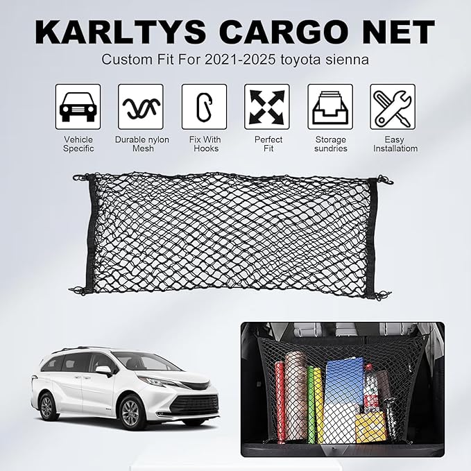 Karltys Envelope Style Cargo Net for Toyota Sienna 2026 2025 2024 2023 2022 2021, 2025 Sienna Accessories Rear Trunk Mesh Cargo Net, Elastic Heavy Duty Nylon Mesh Storage Netting Organizer
