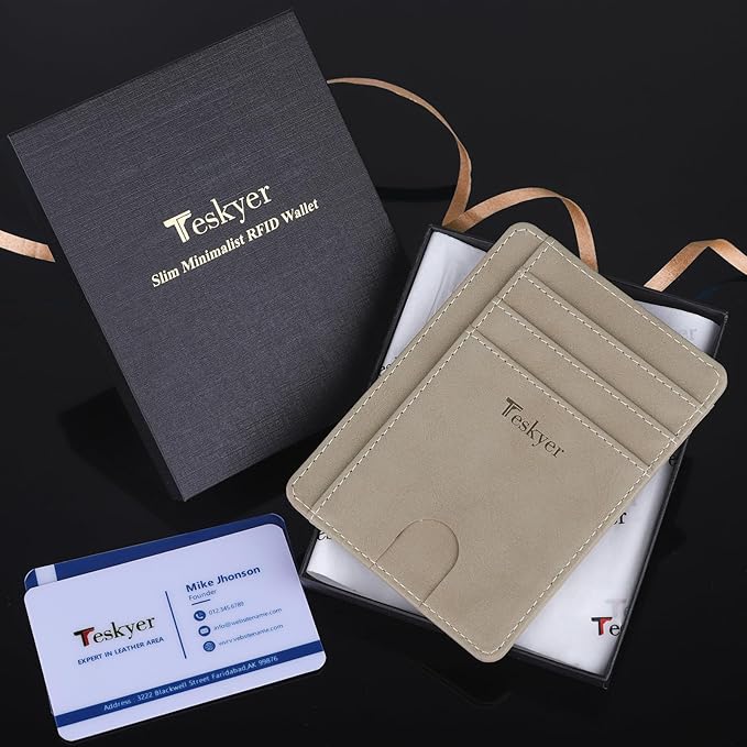 Teskyer Slim Wallet for Men, Minimalist Front Pocket RFID Blocking Leather Wallet Credit Card Holder for Men & Women