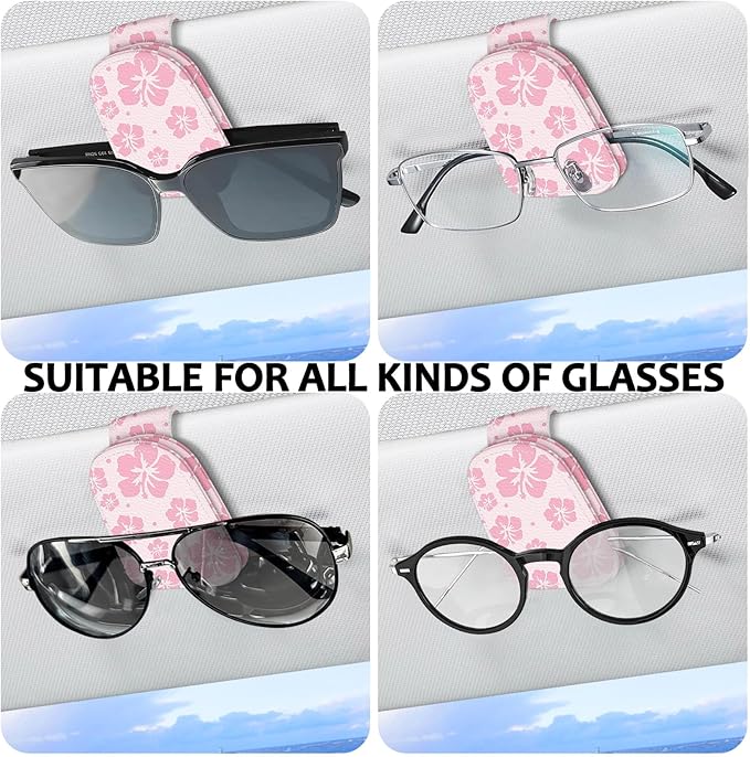 2 Pack Magnetic Leather Sunglass Holder, Universal Magnetic Car Eyeglass Hanger Clip for Different Size Eyeglasses, Car Visor Accessories (Hibiscus Flower)