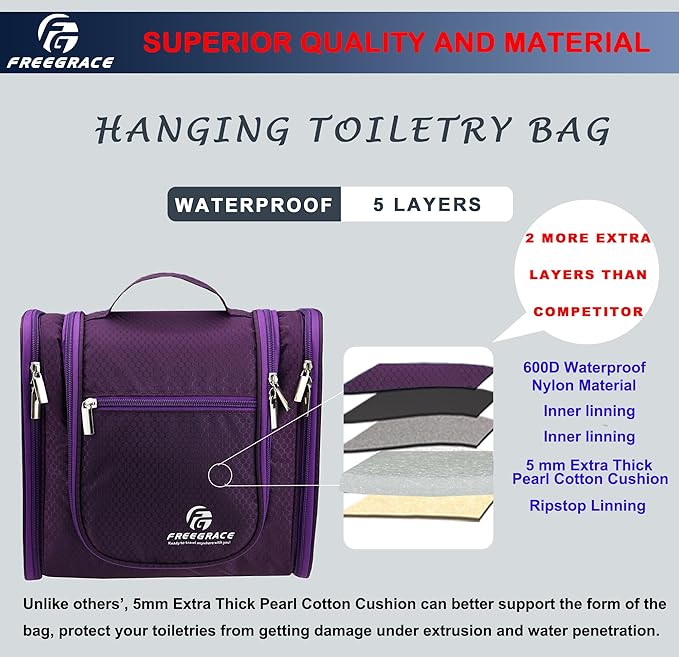 Freegrace Extra Large Hanging Toiletry Bag for Men and Women - Water-Resistant Nylon Travel Bathroom Organizer for Cosmetics, Makeup, and Toiletries