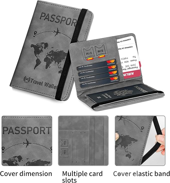 Storite Grey RFID Blocking PU Leather Travel Passport Holder Cover Travel Wallet Organiser Passport Case Travel Document Organiser for Men & Women (14.58 X 11CM- Grey)
