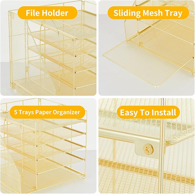 LEKETREE Desk Organizers and Accessories, 5-Tier Paper Letter Tray Organizer with File Holder, Desktop Organizer for Office Supplies (Gold)