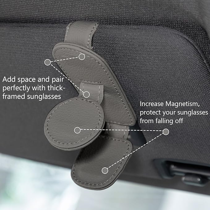 Konohan Sunglasses Holder for Car Visor Leather Eyeglass Hanger Magnetic Sunglasses Holder with 2 Clips(Light Gray)