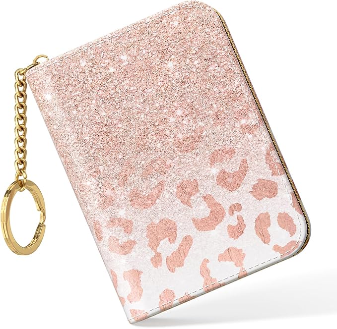 Nipichsha Women's Small RFID Blocking Credit Card Wallet, Pink Gilt Leather, 12 Slots, Zipper Closure