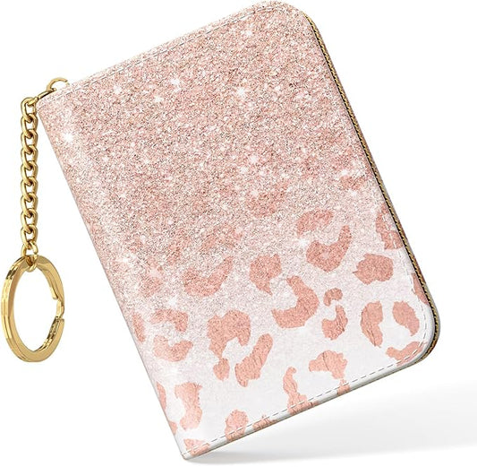 Nipichsha Women's Small RFID Blocking Credit Card Wallet, Pink Gilt Leather, 12 Slots, Zipper Closure