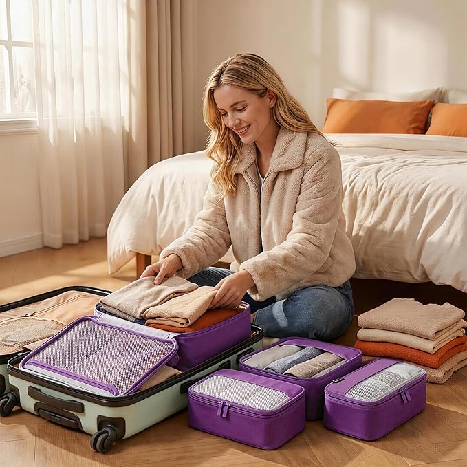 4 Piece Compression Packing Cubes for 3–7 Day Travel, Space Saving Travel Organizers with Breathable Mesh, Double-Zipper Packing Cubes for Carry-On & Suitcases (Purple)