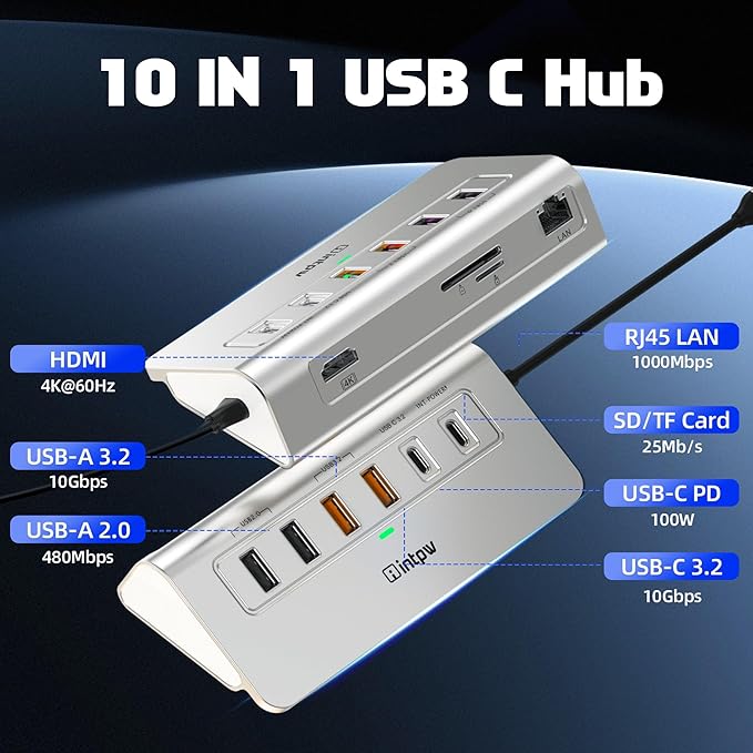 P9R PRO USB C Hub Ethernet, 10Gbps USB C Docking Station 10-in-1 with Type-C & 2 Type-A 3.2 Data, LAN, 4K@60Hz, 2 USB A 2.0, PD 100W, SD/TF Ports, 3.28FT Powered USB Hub for PC, iPhone 17, Mac
