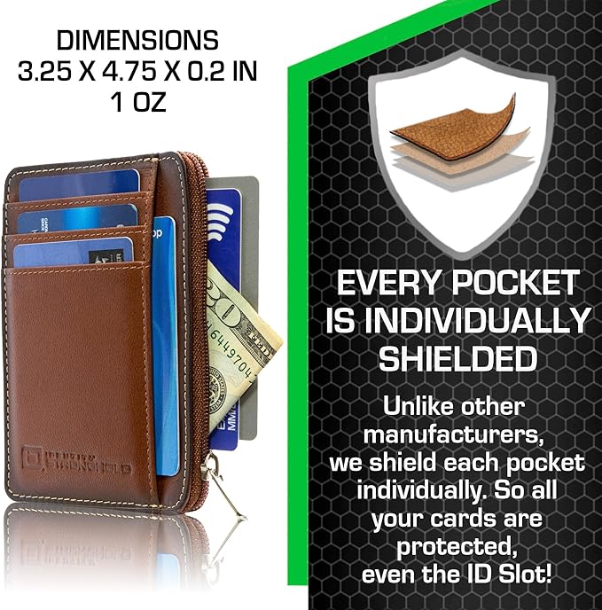 ID Stronghold RFID Blocking Front Pocket Wallet – Slim Minimalist Genuine Leather Wallet with Zipper Coin Pocket (Antiqued Brown)