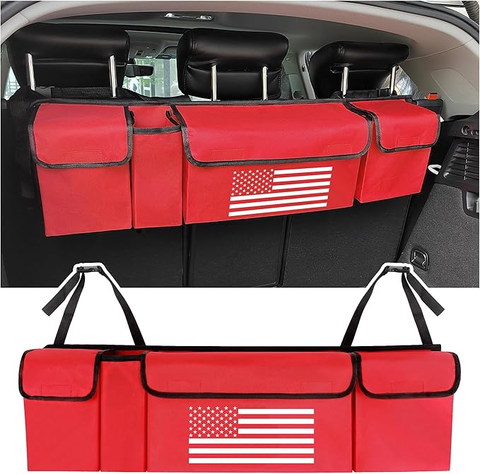 Turcee Car Trunk Organizer,Large Capacity Car Storage Organizer with US Flag Design,Hanging Foldable Car Organizers and Storage Car Interior Accessories (Red)
