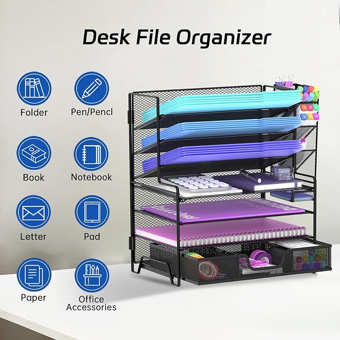 4 Tier Desk Organizer + 3 Tier File Holder + 4 Pen Holders + Drawer, 7 Tier Desk File Organizers, Desk Organizers and Accessories for Office Home School, Black