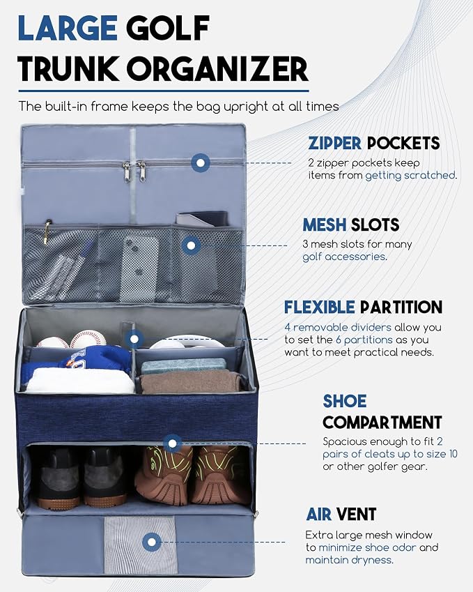 Golf Trunk Organizer for Golf Shoes Clothes Gloves Hats Large Collapsible Golf Storage Box with 4 Dividers Water-Resistant Golf Shoe Bag for 2 Pair of Shoes Golfing Accessories for Men Women Golfers