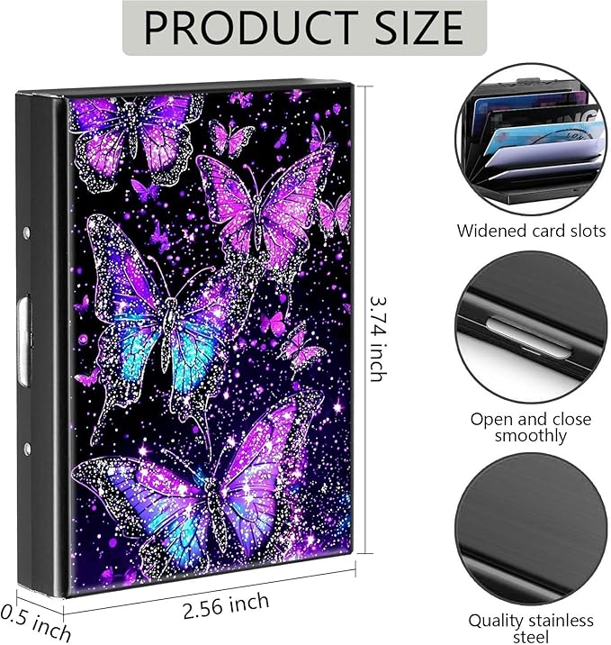 Credit Card Holder, Purple Butterflies Design Mini RFID Blocking Aluminum Wallet Slim Metal Hard Case Shell Travel Wallet ID Case Small Credit Cards Case Business Cards for Women Men Girls
