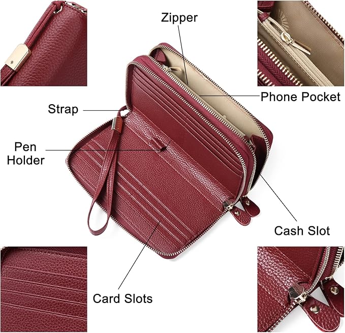 SENDEFN Leather Women Wallet RFID Blocking Zipper Around Phone Holder Clutch Wristlet Large Capacity