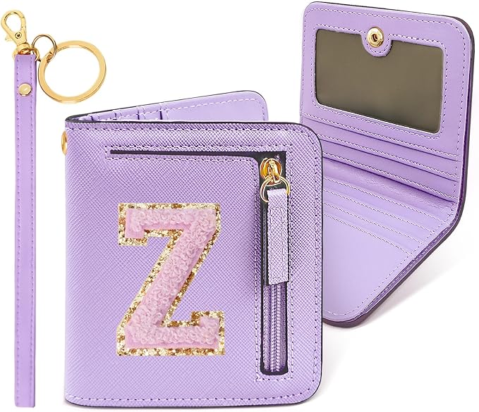 COSHAYSOO Preppy Wallet Gifts for Teen Girls Women Small Wallet RFID Bifold PU Leather Christmas Valentines Easter Mothers Fathers Day Nurse Appreciation Graduation Gifts Chenille Letter Z Purple