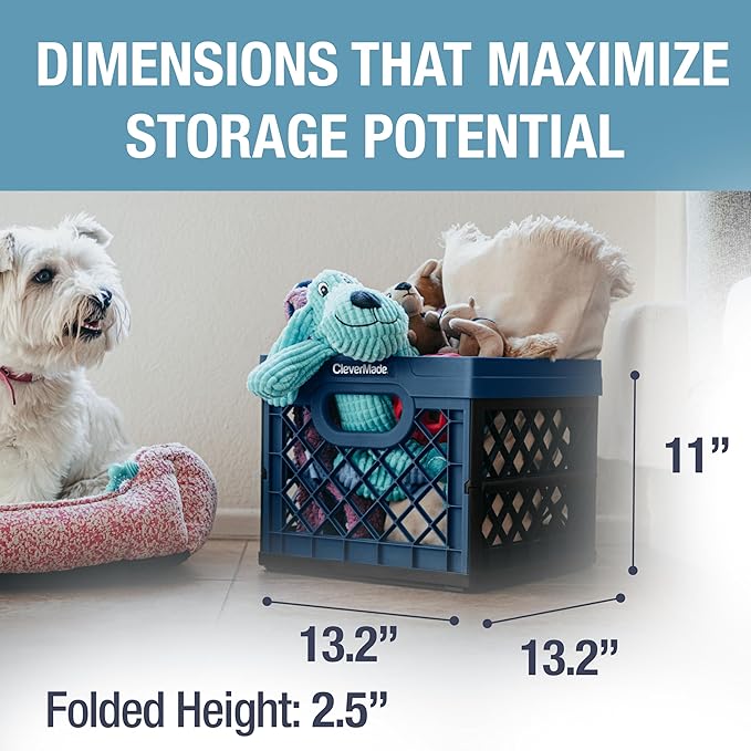 CleverMade Collapsible Milk Crate 25L (6.6 Gal) 3 Pack, 50 lb Capacity Heavy Duty Folding Crate – Stackable Storage Crates with File Rails, Plastic Collapsible Crates - Ocean