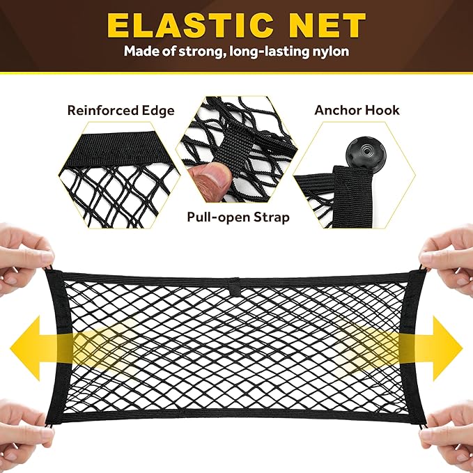BUMBEE Mesh Cargo Net, Envelope Netting, Elastic Pocket Pouch Bungee Organizer for Car Seat Back RV Wall Trunk, Hooks & Screws Included(25.6'' x 9.8'')