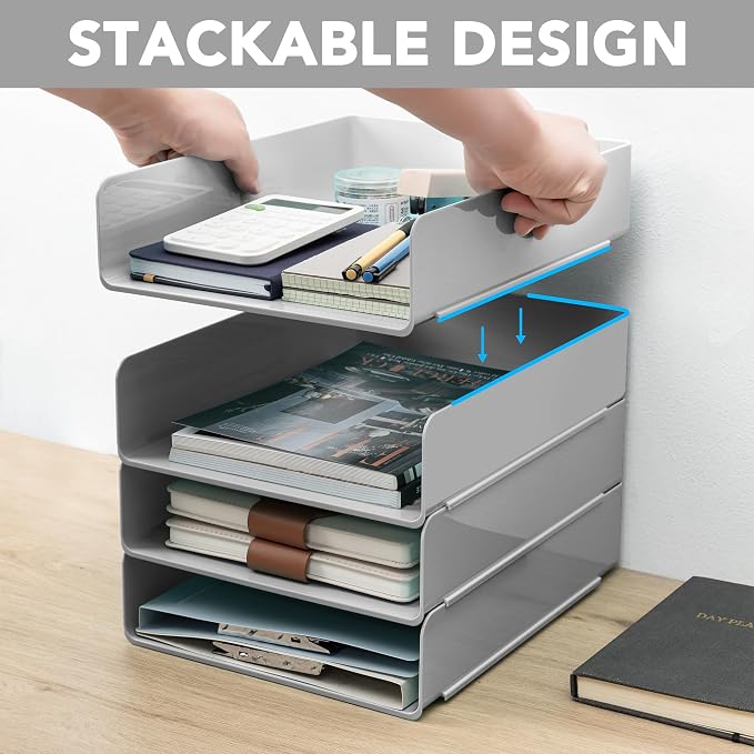 Tiawudi Desk Organizer, Office Organization and Storage, Plastic Letter Tray, Stackable File Organizer for Classroom, Home, Documents, Notes, Folders, Books and Pens, 4 Tier