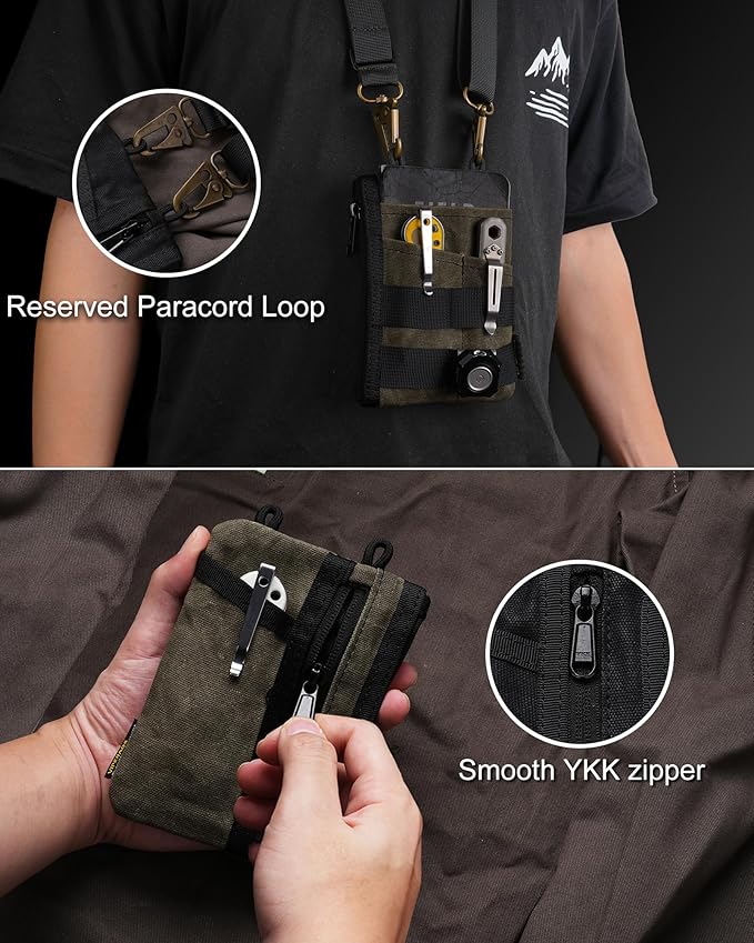 VIPERADE VE18N-OW Waxed Canvas Zipper Wallet, Slim Pocket Pouch, 3 Slots and 2 Zipper Pockets - Minimalist EDC Wallet (Black)