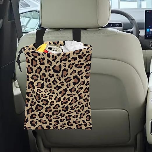 Car Trash Bag Hanging Brown Leopard Print Car Trash Can Waterproof Garbage Bag Hanging for Car Back Seat