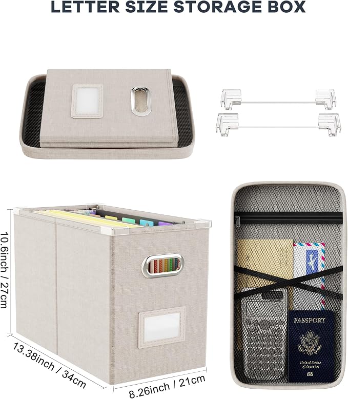 Oterri File Organizer With Lid, Hanging Filing Box With Mesh Pocket, Document Organizer for Letter Files, Portable Storage With Smooth Sliding Rail for Office & Home (2 PCS, Beige)