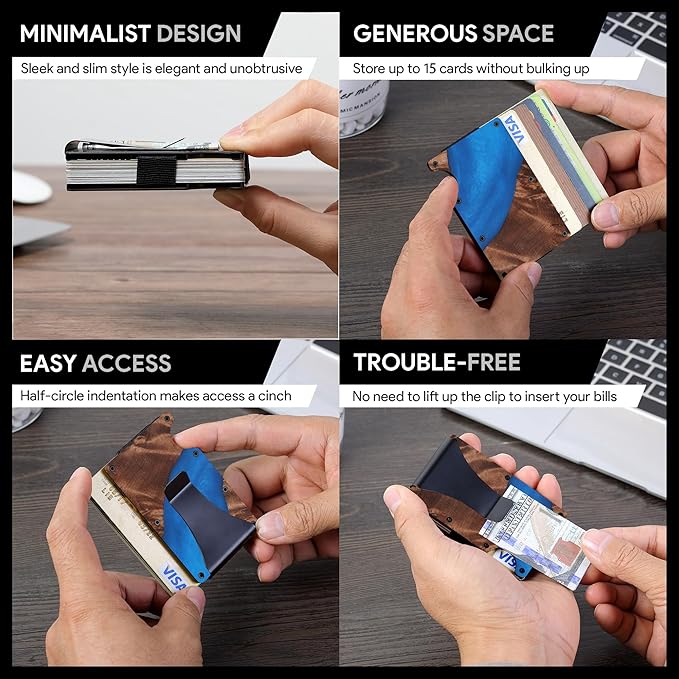 Slim Wallet for Men,RFID Blocking Minimalist Metal Wallet, Money Clip/Cash Holder, Front Pocket Aluminum Credit Card Holder, Ideal Gift for Men,Resin Dark Blue Wood