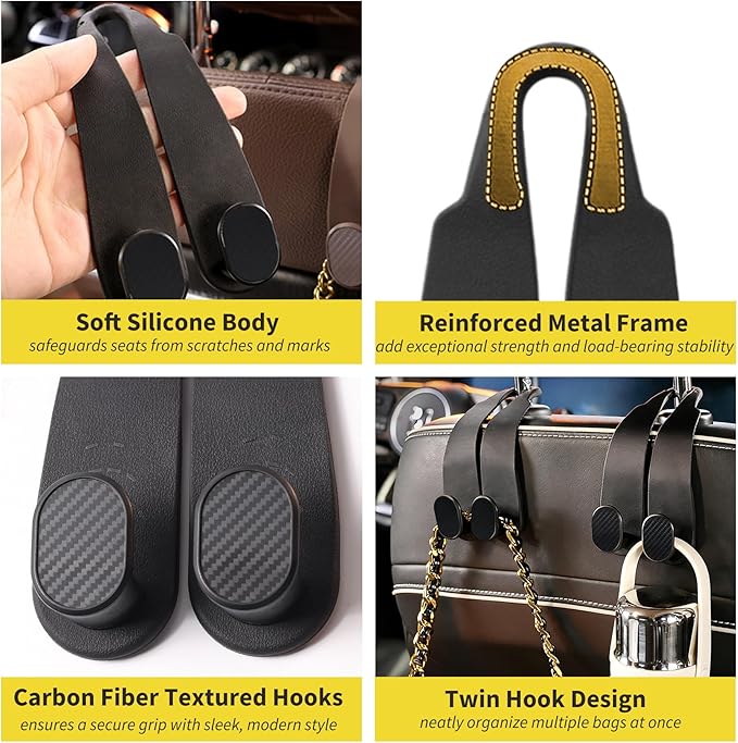 WEIHAO Purse Hook for Car Headrest, Silicone Car Seat Back Storage Hook, Twin Hooks Carbon Fiber Textured Car Headrest Hangers, Bag Holder for Sedan, Trucks, SUVs, Most Vehicles (Black-2PCS)