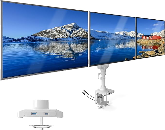 Mount-It! Triple Monitor Mount, 3 Monitor Desk Mount, Gas Spring Arms, Fits 13??7" Screens, VESA 75 & 100, Clamp or Grommet, USB-A & USB-C, White