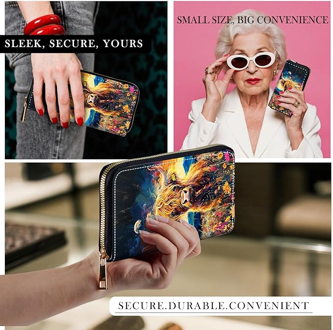 RFID-Blocking Zip Around Wallets for Women with Detachable Wrist Strap,Large Capacity Phone Holder with Card Organizer & Coin Pocket,Cute Highland Cow