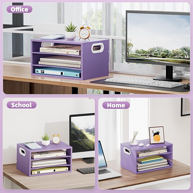 Marbrasse 3 Tier Wood Desk Organizer, Paper Letter Tray Organizer for Desk，Wooden Desktop File Organizer with Handle and Paper Sorter Mail Holder for Office School & Home Supplies Organization-Purple